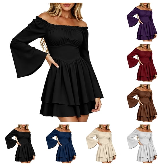 SAWOBUUN Women Corset Dress Off Shoulder Bell Sleeve Mini Dress Renaissance Pirate Fairy Dress for Halloween Medieval Party