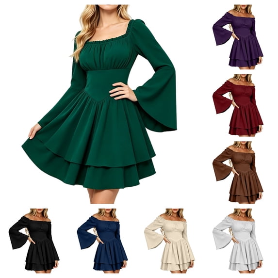 SAWOBUUN Women Corset Dress Off Shoulder Bell Sleeve Mini Dress Renaissance Pirate Fairy Dress for Halloween Medieval Party