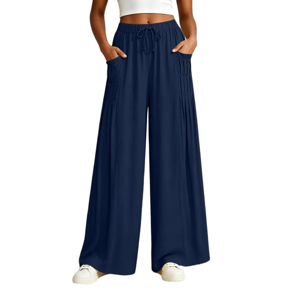 SAWOBUUN Women Cotton Palazzo Pants Wide Leg Drawstring Casual Trousers Summer Beach Vacation Lounge Pants