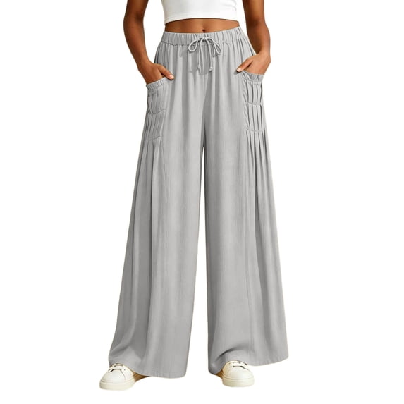 SAWOBUUN Women Cotton Palazzo Pants Wide Leg Drawstring Casual Trousers Summer Beach Vacation Lounge Pants