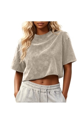 Women Crop Tops Acid Wash Short Sleeve T shirt Casual Trendy Comfy Y2K Summer Basic Tees