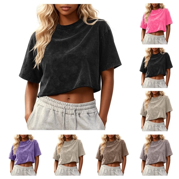 SAWOBUUN Women Crop Tops Acid Wash Short Sleeve T shirt Casual Trendy Comfy Y2K Summer Basic Tees