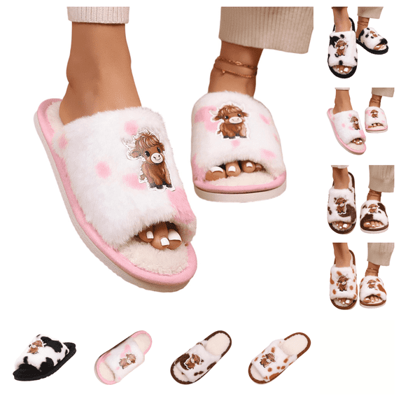 SAWOBUUN Women Cute Cow Fuzzy Slippers Memory Foam Fluffy Open Toe Non Slip Soft Sole Plush House Shoes Cozy Comfy Indoor Outdoor Slippers