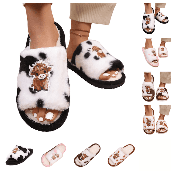 SAWOBUUN Women Cute Cow Fuzzy Slippers Memory Foam Fluffy Open Toe Non Slip Soft Sole Plush House Shoes Cozy Comfy Indoor Outdoor Slippers