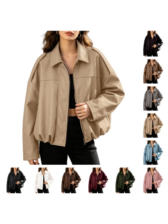 Women Faux Leather Bomber Jacket Batwing Sleeve Loose Fit Cropped Coat Casual Trendy Outerwear