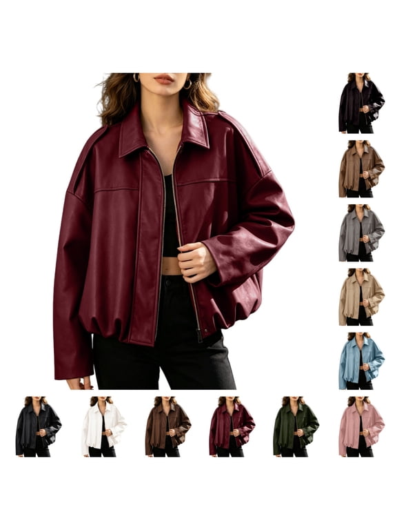 Women Faux Leather Bomber Jacket Batwing Sleeve Loose Fit Cropped Coat Casual Trendy Outerwear
