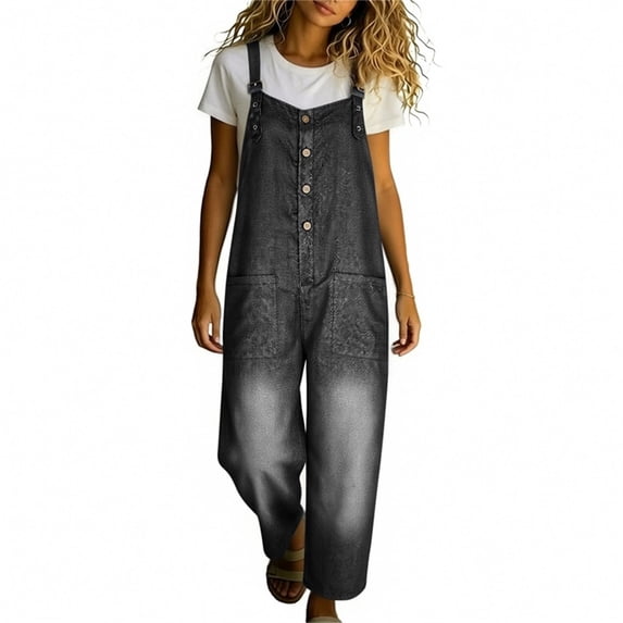 SAWOBUUN Women Fit Jean Button Front Jumpsuit with Pockets Overalls Casual Loose Wide Leg Denim Pants