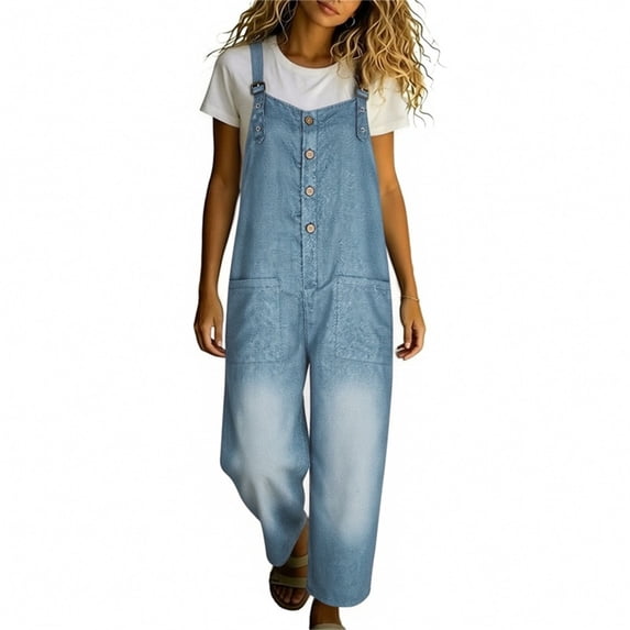 SAWOBUUN Women Fit Jean Button Front Jumpsuit with Pockets Overalls Casual Loose Wide Leg Denim Pants