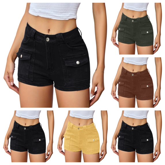 SAWOBUUN Women High Waist Cargo Shorts Stretch Denim Multi Pockets Y2K Casual Summer Shorts