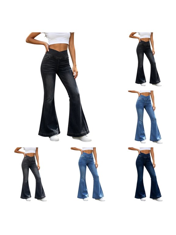 Women High Waist Flare Jeans Cross Waistband Stretch Denim Pants Slim Fit Casual Trousers