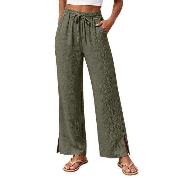 SAWOBUUN Women Ice Silk Wide Leg Pants Casual Elastic Waist Drawstring Palazzo Trousers Texture Lightweight Long Pants