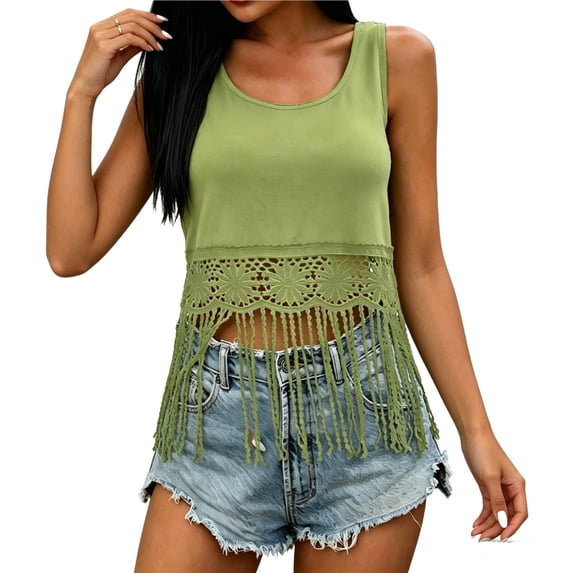 SAWOBUUN Women Lace Fringe Tank Top Sleeveless Scoop Neck Casual Boho Crop Chic Summer Tops