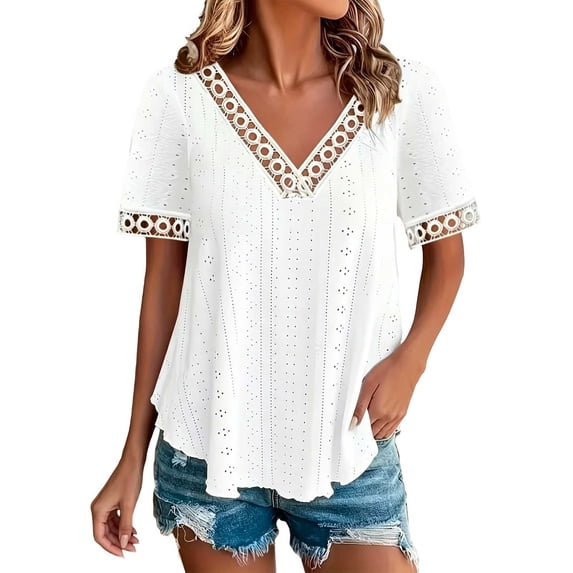 SAWOBUUN Women Lace V Neck Tops Short Sleeve Casual Color Block Loose Fit Tunic Vacation T Shirts