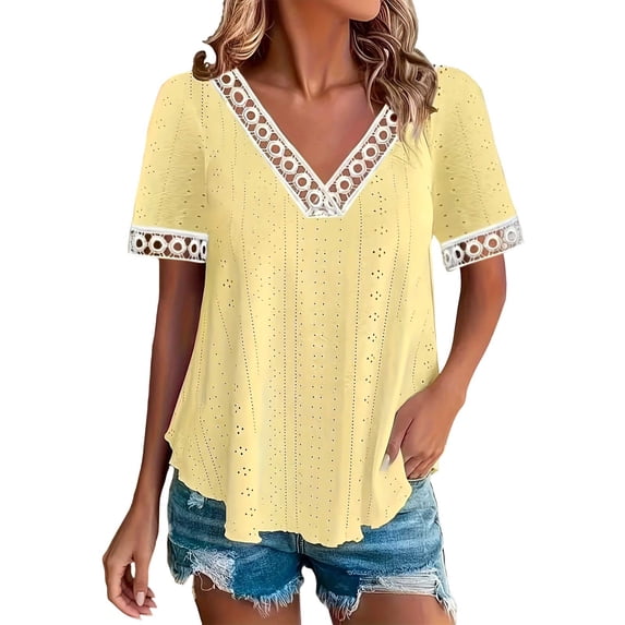 SAWOBUUN Women Lace V Neck Tops Short Sleeve Casual Color Block Loose Fit Tunic Vacation T Shirts