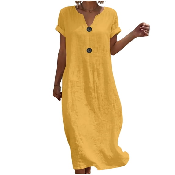SAWOBUUN Women Linen Midi Dress Short Sleeve V Neck Loose Casual Tunic Dresses Summer Beach Vacation Daily Dress