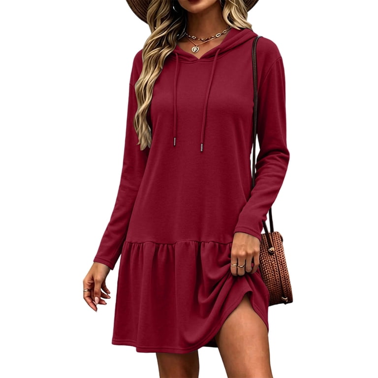 SAWOBUUN Women Long Sleeve Hoodie Dress Ruffle Hem Loose Casual Sweatshirt Mini Dresses Fall Winter Loungewear Daily Tunic Dress