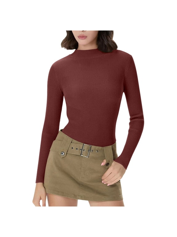 Women Long Sleeve Ribbed Knit Tops Mock Neck Slim Fit Stretchy Basic Tee Soft Thermal Undershirt for Fall Winter