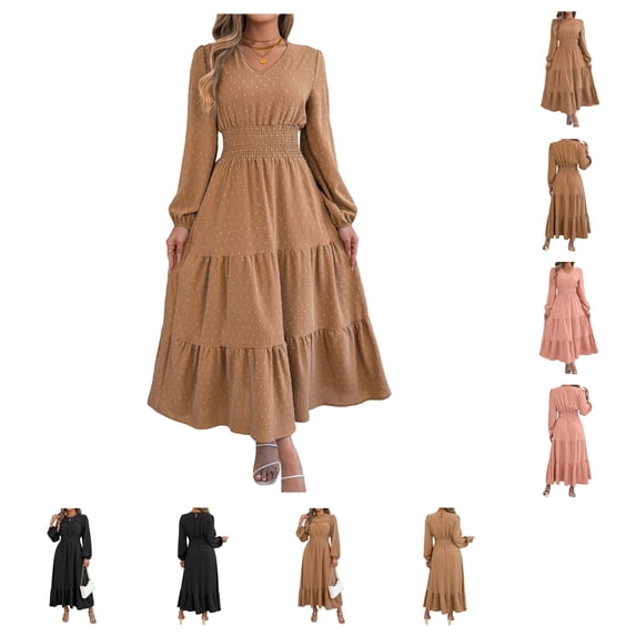 SAWOBUUN Women Maxi Dress Fall Long Sleeve Crewneck Smocked High Waisted A-Line Tiered Flowy Long Dresses