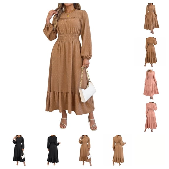 SAWOBUUN Women Maxi Dress Fall Long Sleeve Crewneck Smocked High Waisted A-Line Tiered Flowy Long Dresses