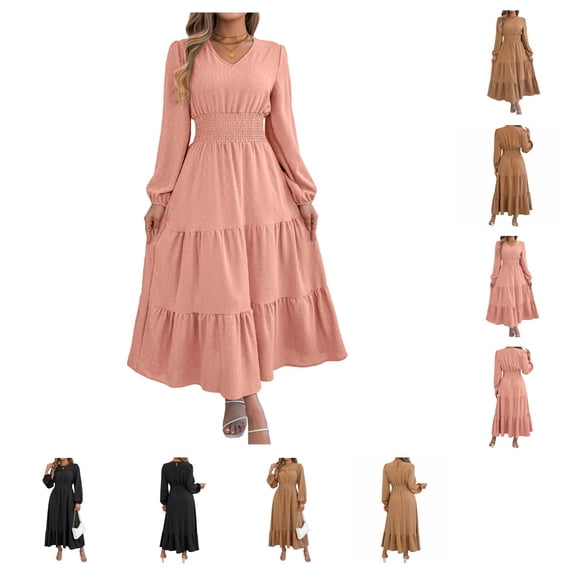 SAWOBUUN Women Maxi Dress Fall Long Sleeve Crewneck Smocked High Waisted A-Line Tiered Flowy Long Dresses
