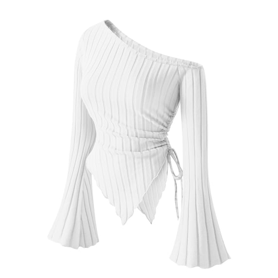 SAWOBUUN Women One Shoulder Ribbed Top Long Flare Sleeve Asymmetrical Hem Blouse Slim Fit Stretchy Going Out Shirts