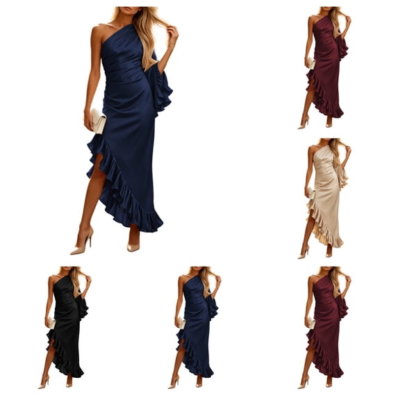SAWOBUUN Women One Shoulder Ruffle Slit Ruched Formal Cocktail Maxi Dresses Asymmetrical Bodycon Dress for Party Evening Wedding