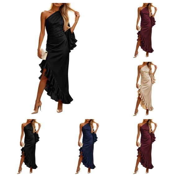 SAWOBUUN Women One Shoulder Ruffle Slit Ruched Formal Cocktail Maxi Dresses Asymmetrical Bodycon Dress for Party Evening Wedding