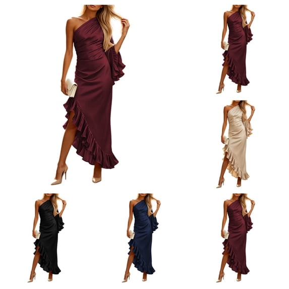 SAWOBUUN Women One Shoulder Ruffle Slit Ruched Formal Cocktail Maxi Dresses Asymmetrical Bodycon Dress for Party Evening Wedding