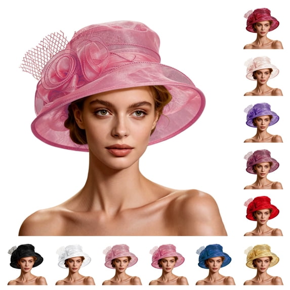 SAWOBUUN Women Organza Church Derby Hat Wide Brim Fascinator Sun Flower Hats for Wedding Cocktail Tea Party