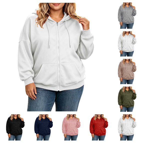 SAWOBUUN Women Plus Size Full Zip Up Hoodie Basic Lightweight Long Sleeve Sweatshirt Solid Color Jacket With Pockets