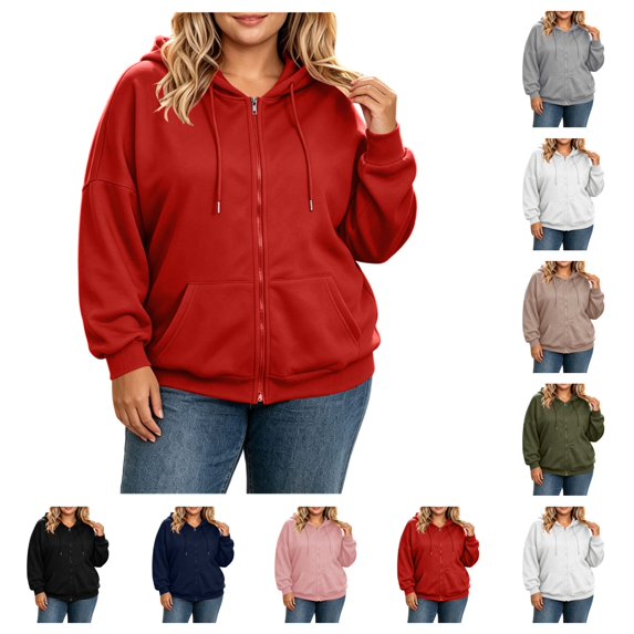 SAWOBUUN Women Plus Size Full Zip Up Hoodie Basic Lightweight Long Sleeve Sweatshirt Solid Color Jacket With Pockets
