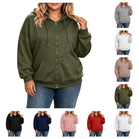 SAWOBUUN Women Plus Size Full Zip Up Hoodie Basic Lightweight Long Sleeve Sweatshirt Solid Color Jacket With Pockets