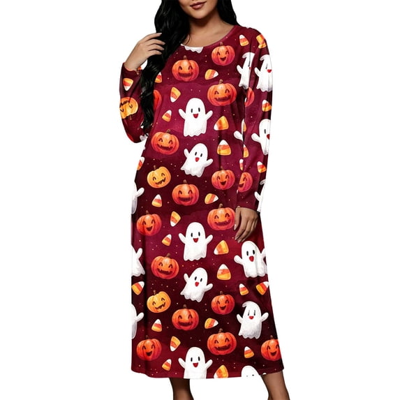 SAWOBUUN Women Plus Size Halloween Print Nightgown Long Sleeve Loose Casual Sleep Dress