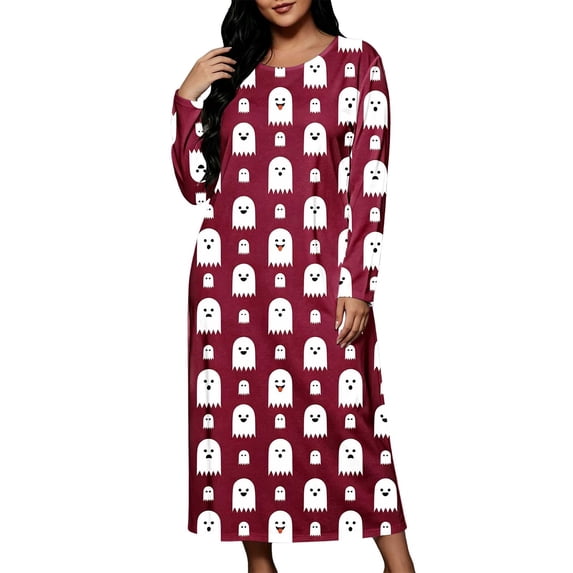 SAWOBUUN Women Plus Size Halloween Print Nightgown Long Sleeve Loose Casual Sleep Dress
