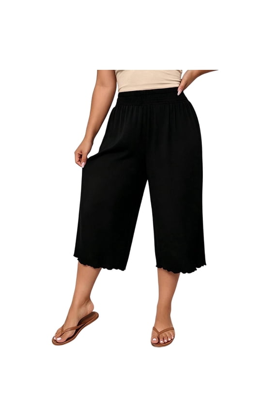 Women Plus Size High Waisted Wide Leg Capri Pants Elastic Waist Scallop Hem Trousers Casual Summer Lounge Pants