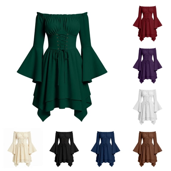 SAWOBUUN Women Renaissance Medieval Fairy Dress Long Sleeve Off Shoulder Corset Midi Dress Gothic Halloween Party Dress