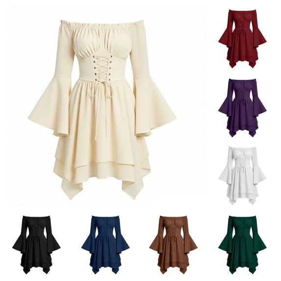 SAWOBUUN Women Renaissance Medieval Fairy Dress Long Sleeve Off Shoulder Corset Midi Dress Gothic Halloween Party Dress