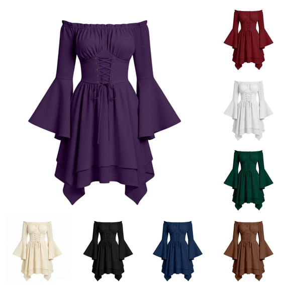 SAWOBUUN Women Renaissance Medieval Fairy Dress Long Sleeve Off Shoulder Corset Midi Dress Gothic Halloween Party Dress