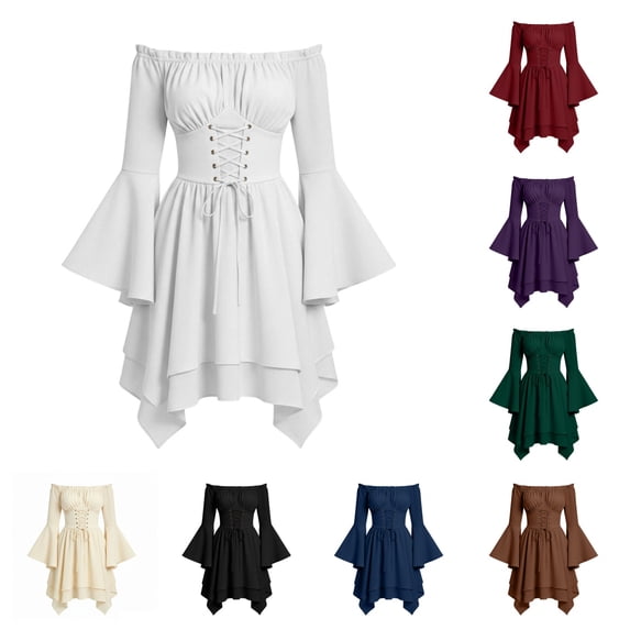 SAWOBUUN Women Renaissance Medieval Fairy Dress Long Sleeve Off Shoulder Corset Midi Dress Gothic Halloween Party Dress