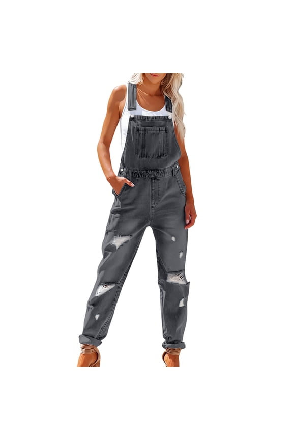 Women Ripped Denim Bib Overalls Casual Loose Fit Adjustable Strap Jeans Pants Jumpsuits