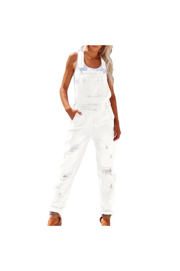 Women Ripped Denim Bib Overalls Casual Loose Fit Adjustable Strap Jeans Pants Jumpsuits
