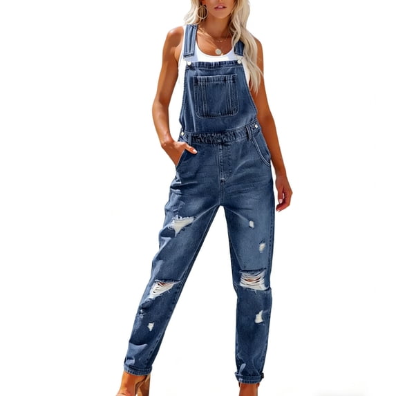 SAWOBUUN Women Ripped Denim Bib Overalls Casual Loose Fit Adjustable Strap Jeans Pants Jumpsuits