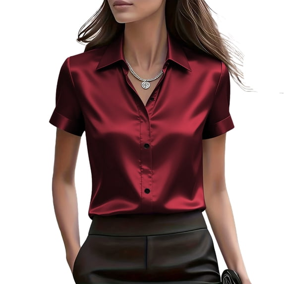 SAWOBUUN Women Satin Button Down Tops Short Sleeve Blouse Mock Neck Work Business Casual Blouse