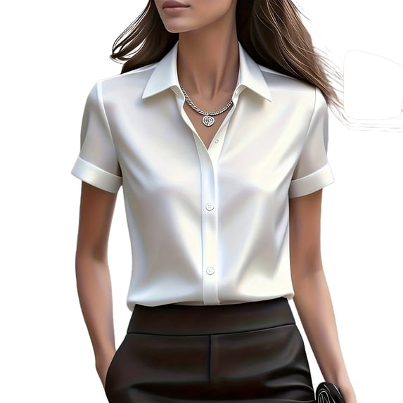 SAWOBUUN Women Satin Button Down Tops Short Sleeve Blouse Mock Neck Work Business Casual Blouse