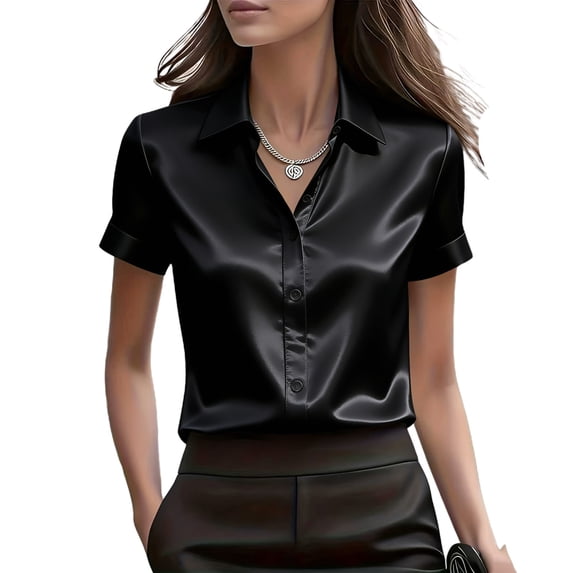 SAWOBUUN Women Satin Button Down Tops Short Sleeve Blouse Mock Neck Work Business Casual Blouse