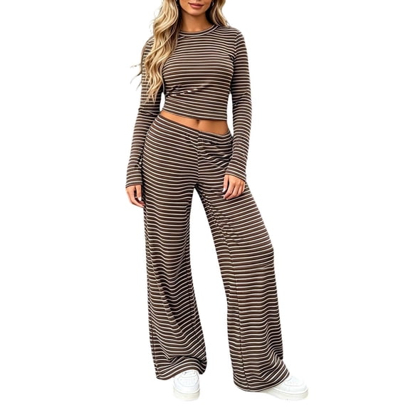 SAWOBUUN Women Striped 2 Piece Outfits Lounge Set Long Sleeve Knit Crop Tops Wide Leg Pants Set Sweatsuit Tracksuit Fall Casual