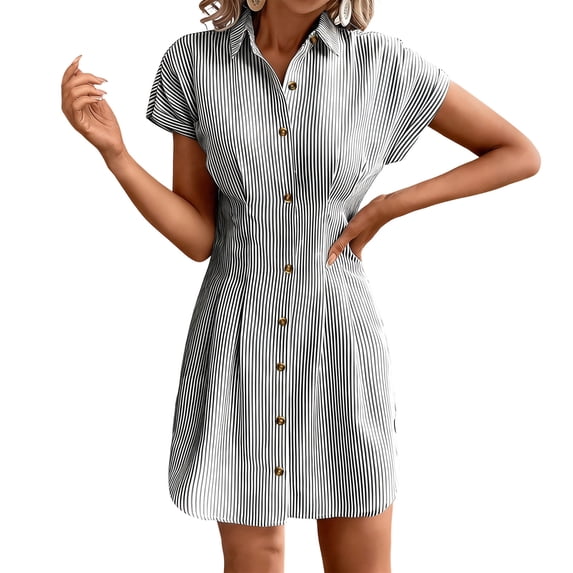 SAWOBUUN Women Striped Shirt Short Sleeve Lapel Collar Button Down Bodycon Mini Dress