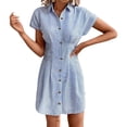 thumbnail image 1 of SAWOBUUN Women Striped Shirt Dress Button Down Short Sleeves Fitted Waist Pleated Casual Summer Mini Dress, 1 of 9