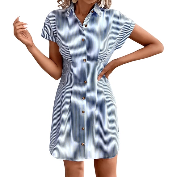 SAWOBUUN Women Striped Shirt Dress Button Down Short Sleeves Fitted Waist Pleated Casual Summer Mini Dress