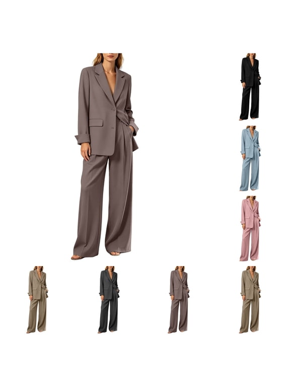 Women Suits 2 Piece Set Business Casual Dressy Oversized Blazer Jacket and Wide Leg Dress Pantsuits Formal Outfits